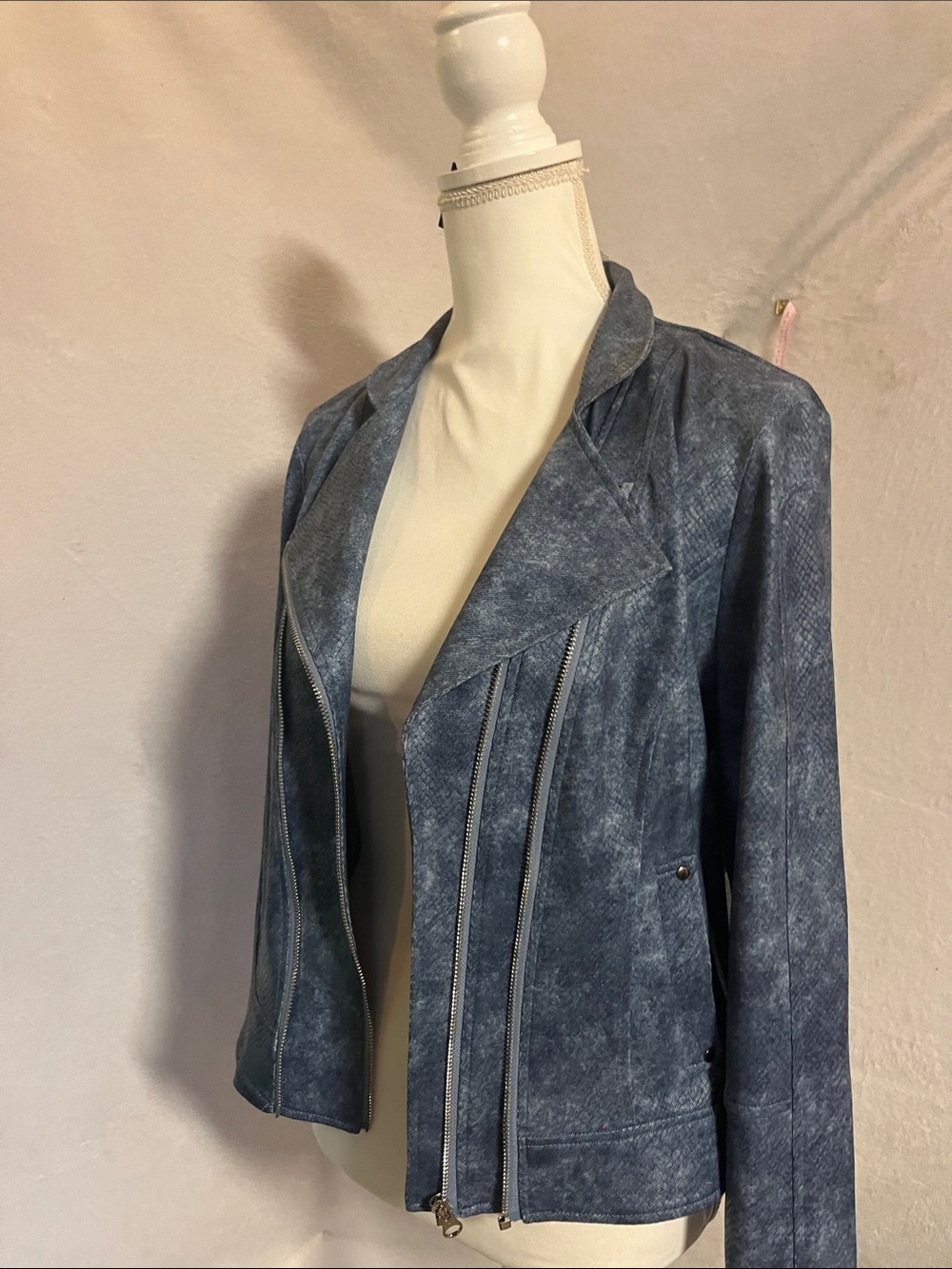 Clara Sun Woo Washed Blue liquid leather Moto Jacket